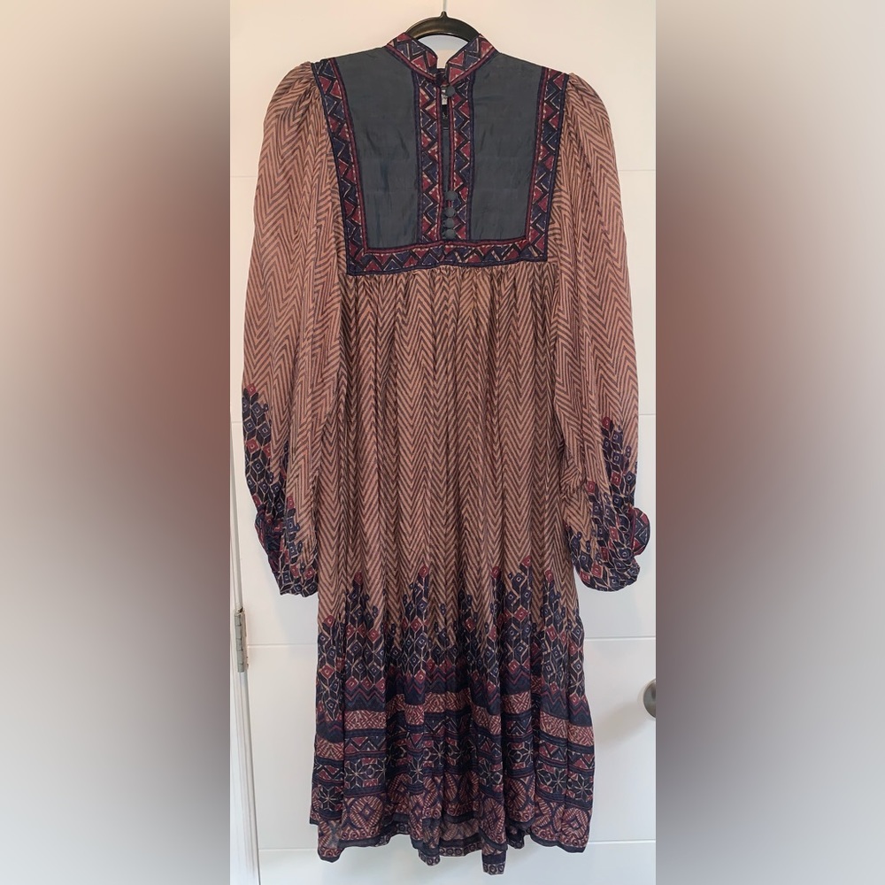 Vintage Phool 70's Floral Block Print Silk Pheasant Maxi Dress Bohemian Hippie M
